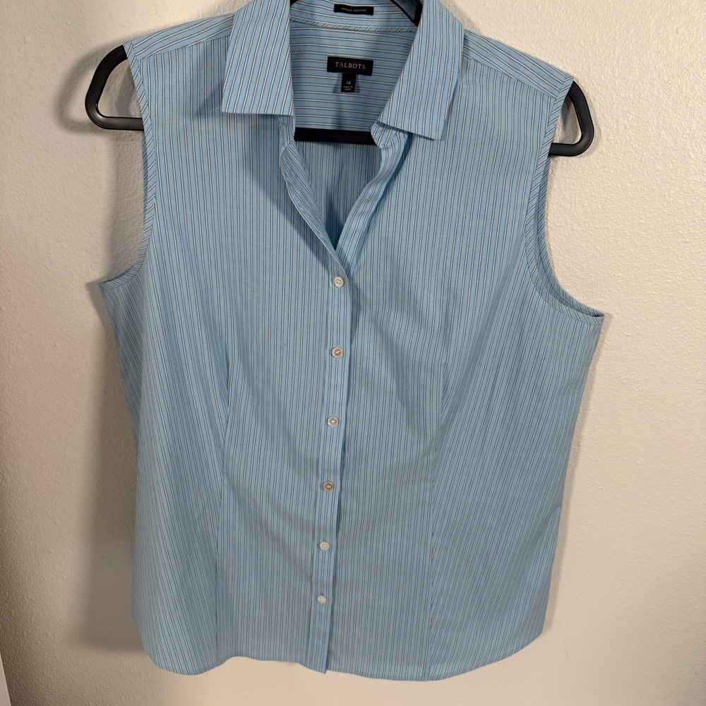 Talbots Womens 14‎ Wrinkle Resistant Sleeveless Button Up Shirt Light Blue D2